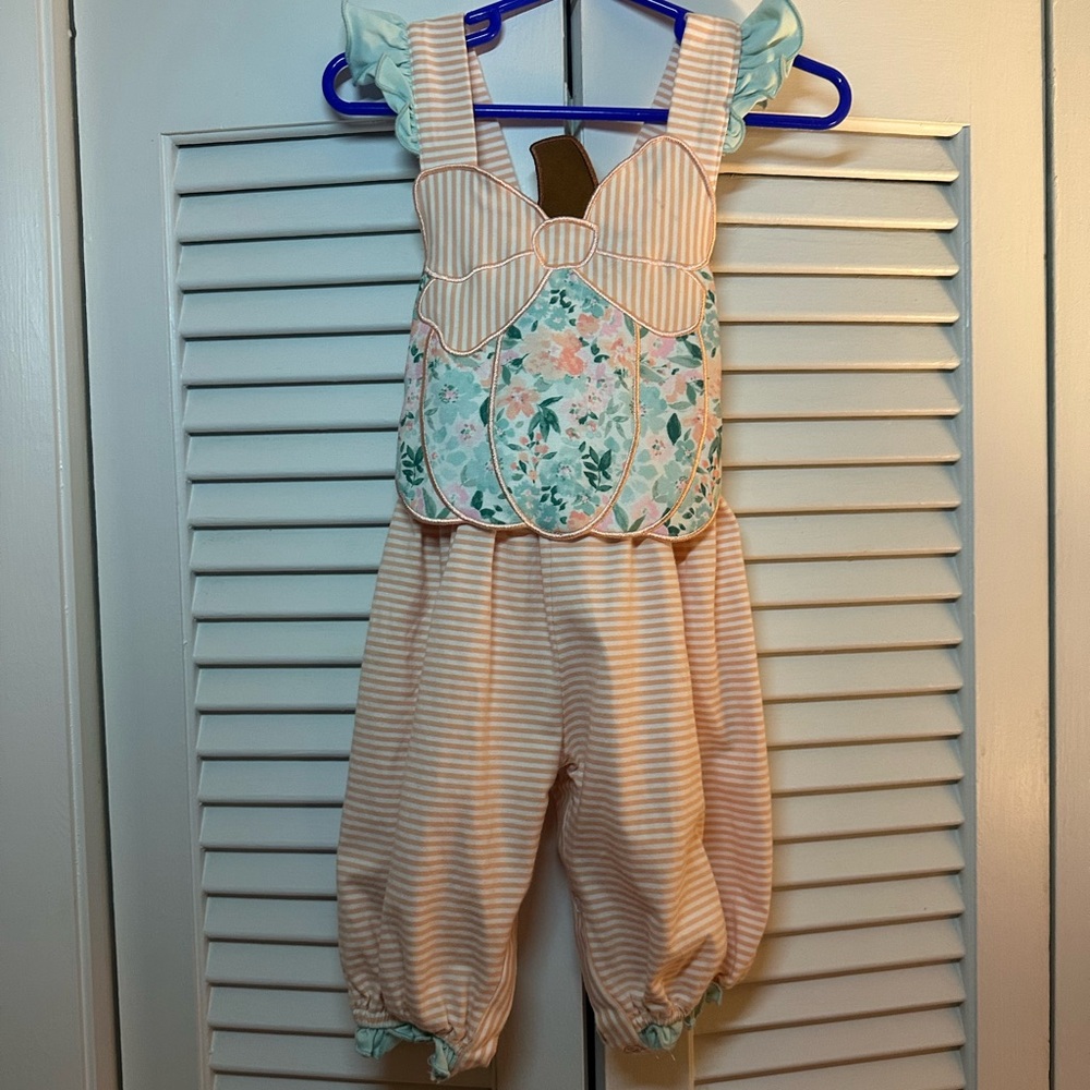 Busy Bee Smocks - Girls Pumpkin Romper Pink Stripe and Floral | 9M - Picture 4 of 8
